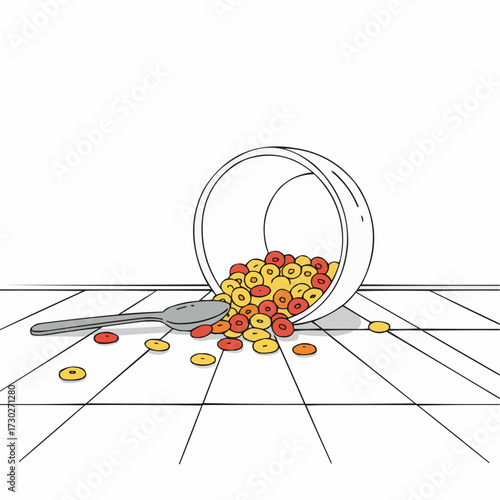 Spilled bowl of colorful cereal with a silver spoon on floor  