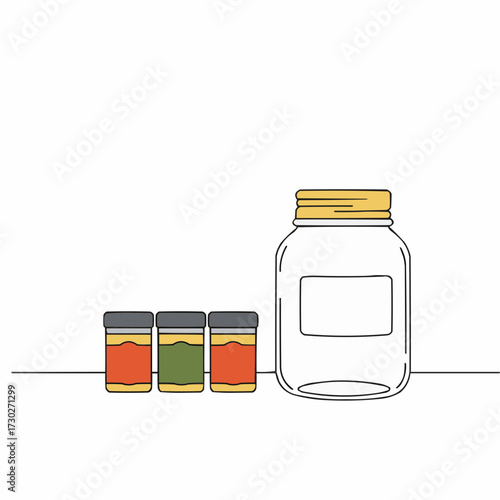 Glass jars filled with colorful spices arranged on countertop  