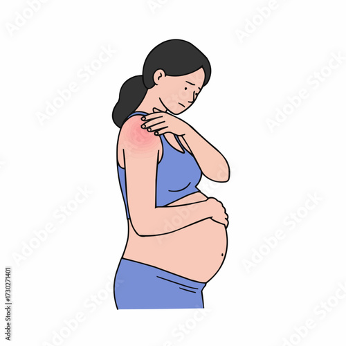 Pregnant woman gently massaging her sore shoulder at home  