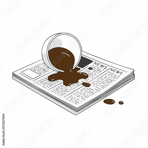 Spilled coffee cup on newspaper page with brown liquid stain  
