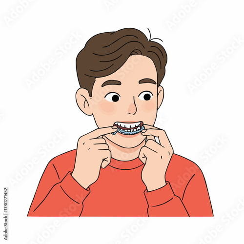 Teenage boy adjusting his retainer with a focused expression  