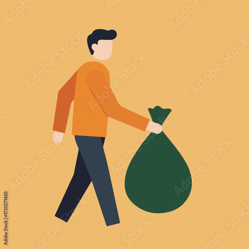Person walking with a sack, minimalist illustration, on tan background