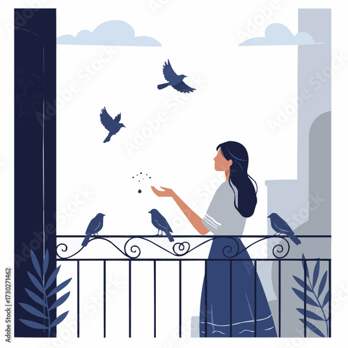 Woman feeding birds while standing on balcony in sunny environment  