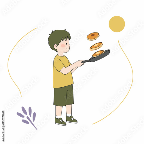 Young boy flipping pancakes in pan with bright sun background  