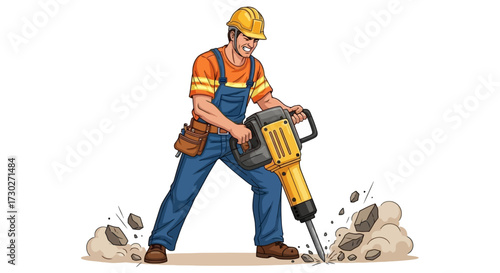 A construction worker wearing a hard hat and overalls operates a jackhammer to break up concrete and rocks.