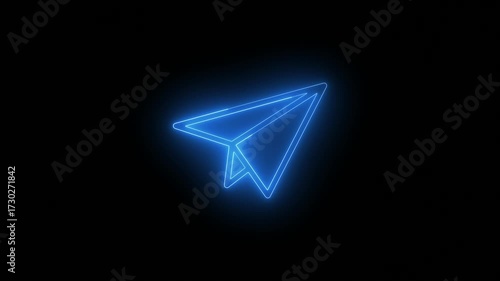 Glowing blue neon paper airplane on a black background