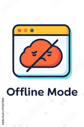 Offline Mode icon in a window frame: a sad, orange cloud with a diagonal strikethrough, signifying no internet connection, network error, or unavailable cloud services. Perfect for UI/UX, app status,