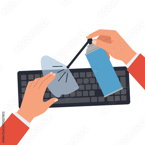 Hands cleaning a keyboard with a cloth and compressed air, top view