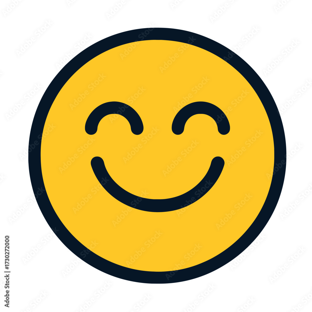 Fototapeta premium A radiant, classic yellow happy face emoji with closed, smiling eyes and an upturned mouth, exuding pure joy and cheerfulness, perfectly isolated against a sleek, dark, minimalist background, ideal fo
