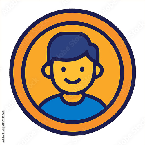 Minimalist flat design cartoon avatar of a smiling young boy with blue hair and shirt, set within a vibrant orange circular frame on a dark gradient background, perfect for user profiles and digital i