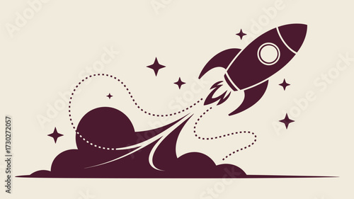 A stylized rocket ship launching with stars and smoke trails on a light beige colored background image