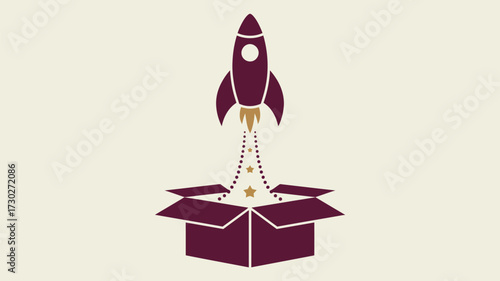 Maroon rocket launching from an open box with stars on a light beige background illustration art