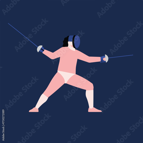 Fencer in attack stance, wielding two foils against a dark blue background