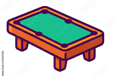 Vibrant isometric cartoon illustration of a classic billiards pool table with a striking green felt surface, bold orange frame, and deep purple pockets, ideal for game room decor, digital assets, or l