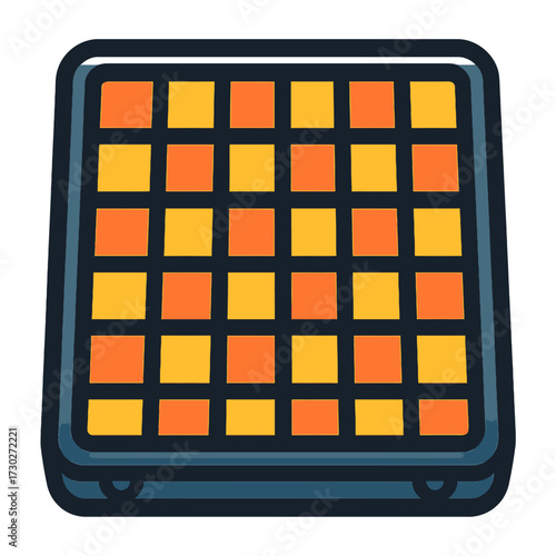 Illuminated digital grid controller with 36 vibrant orange and yellow pads, perfect for modern music production, beat making, live performance, and creative sound design in a sleek, dark interface for