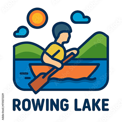 Neon glow vector icon: person rowing boat on lake, mountains, sun, clouds. Outdoor water sports, lake recreation, peaceful paddling, nature adventures, leisure, travel, fitness, active lifestyles, boa