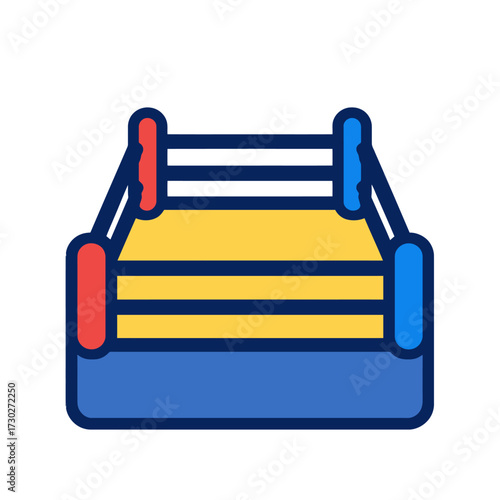 Minimalist vector illustration of an empty boxing ring, featuring a bright yellow mat, dark blue ropes, and contrasting red and blue corner posts atop a solid blue base, set against a dark background.