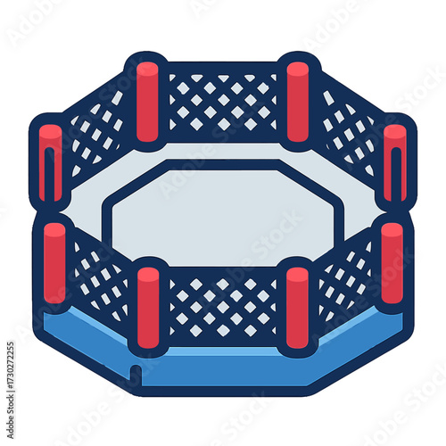 Professional Octagon Fighting Cage Icon: A vibrant vector illustration of an MMA ring with red posts, blue base, and security mesh, perfect for martial arts branding, combat sports websites, game asse