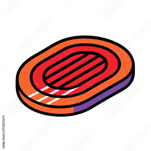 Vibrant isometric running track icon with red lanes, bright orange outer path, and modern purple accent. This 3D sports graphic is ideal for athletic event branding, fitness app designs, competitive v