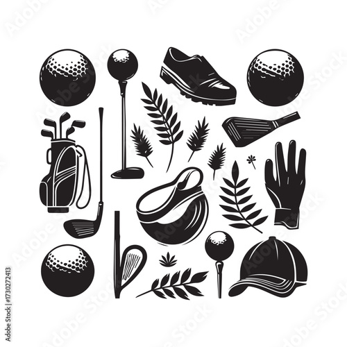 Collection of Golf Equipment and Natural Elements in a Square Layout golf ball golf club