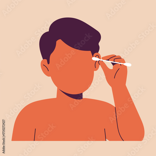 Cartoon flat-style illustration of a person cleaning their ear