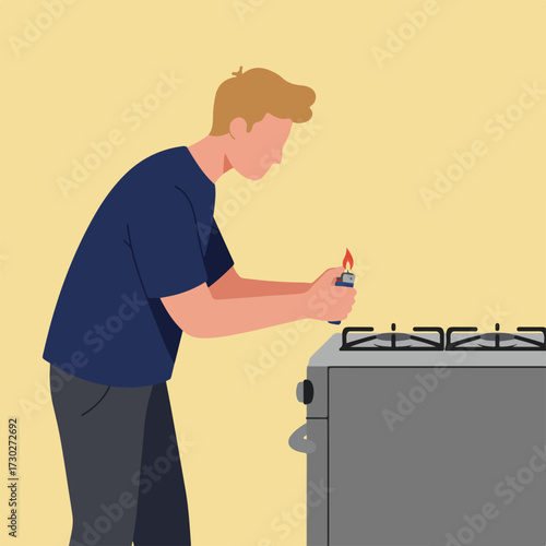 Man lights gas stove with lighter in an illustration on yellow background