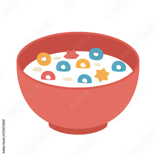 Bowl of cereal with milk and colorful rings, star, and other shapes