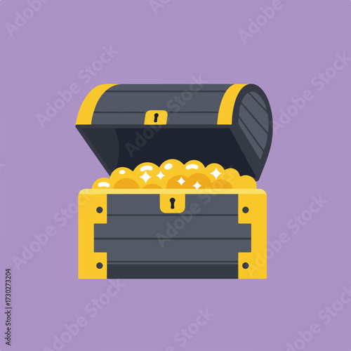 Open wooden chest, yellow trimmed, filled with golden coins on a lilac background