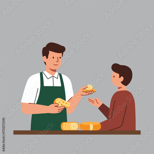Cheese vendor offering a taste to a customer