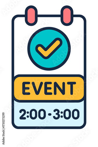A sleek digital calendar icon with a vibrant checkmark signifying a confirmed 'EVENT' scheduled between 2:00 and 3:00. Ideal for modern applications needing intuitive time management, appointment sche