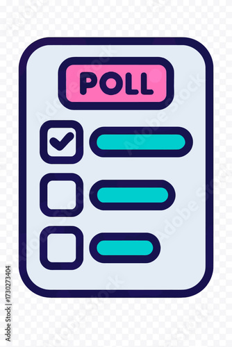 Digital poll interface icon with 'POLL' title, checked option, two empty choices. Great for online surveys, user feedback, voting, opinion gathering, data collection. Useful for web, mobile apps, pres
