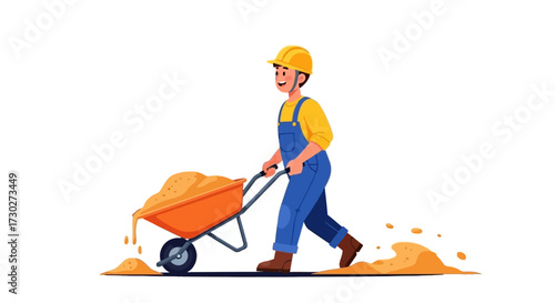 Cartoon illustration of a construction worker pushing a wheelbarrow full of sand.