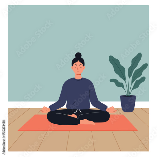 Woman meditating on mat, calm, indoors, plant
