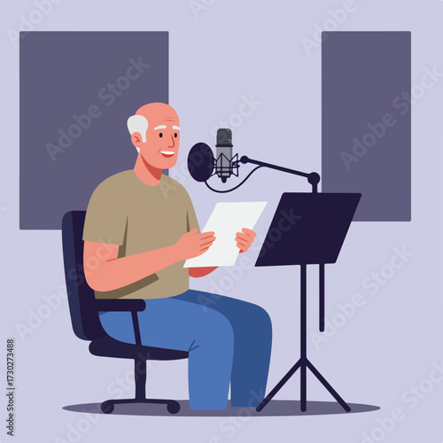 Man recording voice-over in a studio with microphone, paper, and music stand