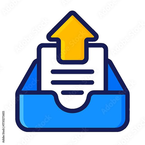 Vibrant flat design upload icon: a document with lines emerging from a blue inbox, propelled by a yellow upward arrow. Represents file transfer, data submission, cloud storage, and online sharing. Ide