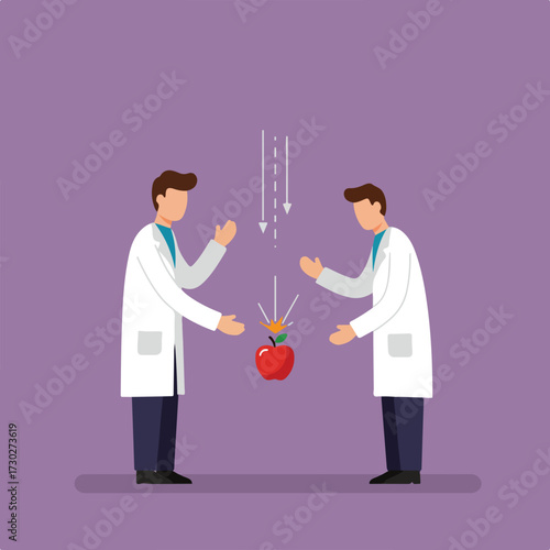 Two scientists watching arrows hit an apple in an experiment setting