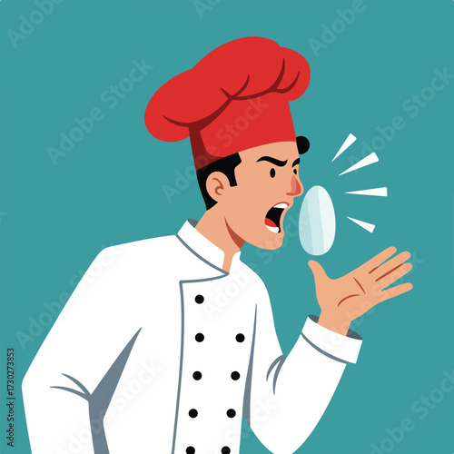 Angry chef yells at an egg, wearing traditional red hat and white uniform