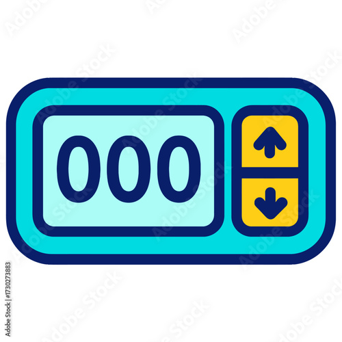 Digital counter icon with '000' display and up/down buttons. Perfect for incrementing/decrementing numbers in any application. A modern UI element for quantity, score, timer, step tracking. Flat desig