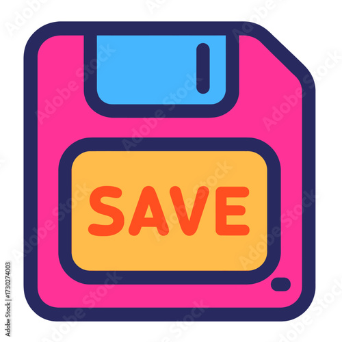Modern flat design save icon. Vibrant floppy disk symbol in bold pink, blue, and orange on dark background. Essential for data storage, file management, digital preservation, evoking nostalgia for cla