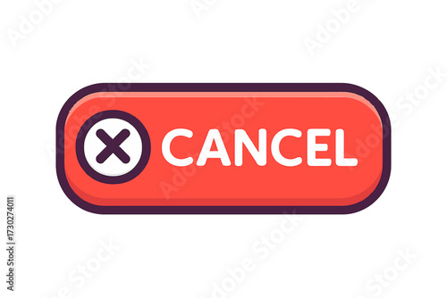 Vibrant red "CANCEL" button with a prominent white 'X' icon in a circle, featuring sleek rounded corners and a subtle shadow, ideal for user interface design. This modern UI element signifies stopping