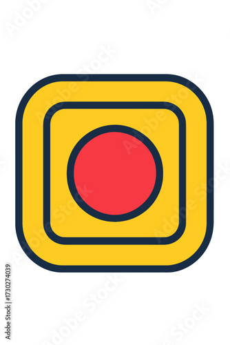 Modern red record button icon on a yellow rounded square. Perfect for UI/UX design, apps, digital media, start, stop, play, pause, alert functions, ensuring high visibility graphic for optimal user ex