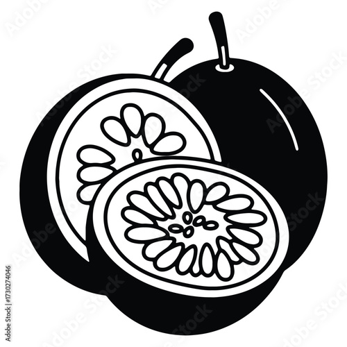 Exotic Passion Fruit Illustration Featuring a Whole and Sliced Fruit