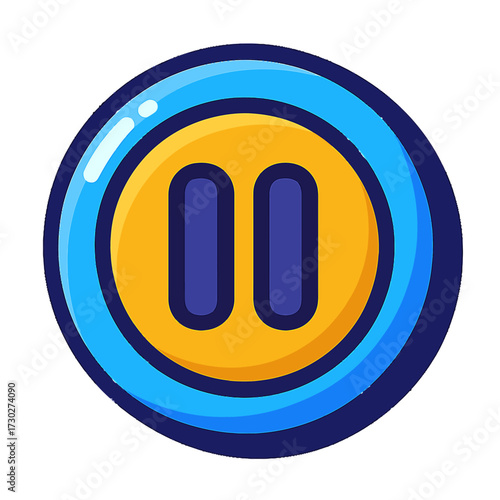 Modern pause icon: vibrant yellow circle with blue vertical bars, surrounded by a glowing blue ring. Perfect for media control, UI/UX design, apps, and web interfaces. Symbolizes temporary stop, inter