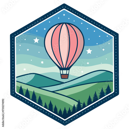 A hot air balloon floats over rolling hills under a starry night sky.