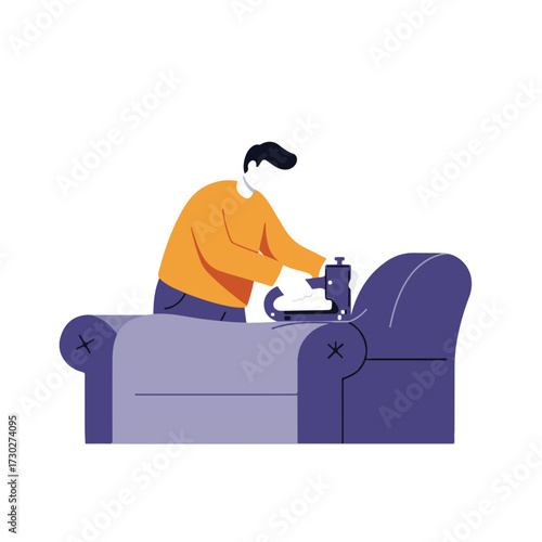 A faceless person using a nail gun on a purple upholstered armchair