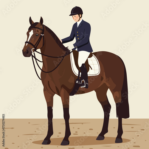 Horse rider in formal attire on a brown steed, flat vector style