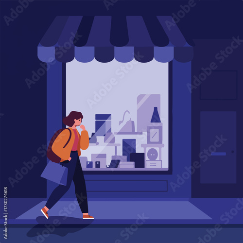 Woman passes store window at night