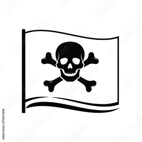 Striking black and white illustration of a classic pirate flag, featuring the iconic skull and crossbones design, symbolizing danger, adventure, and a spirit of rebellion