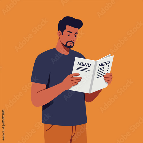 Man reads menu, minimalist vector illustration, orange background