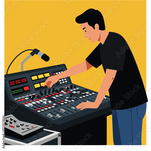 Man adjusting levels on a large audio mixing console with a microphone
